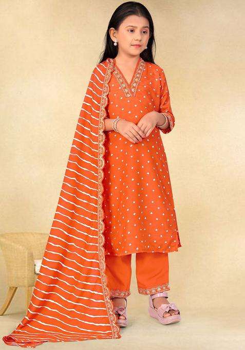 Rust Embroidered Silk Kurta Set For Girls