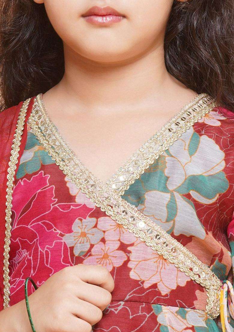 Maroon Printed Silk Kurta Set For Girls - Indya