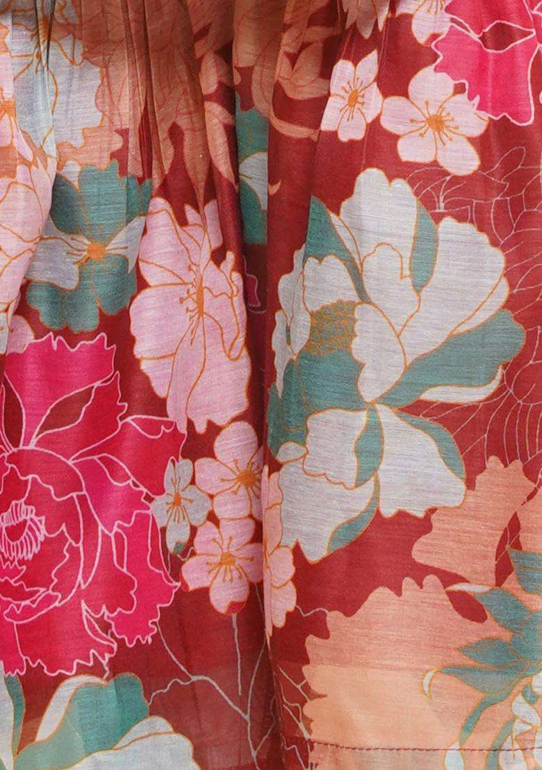 Maroon Printed Silk Kurta Set For Girls - Indya