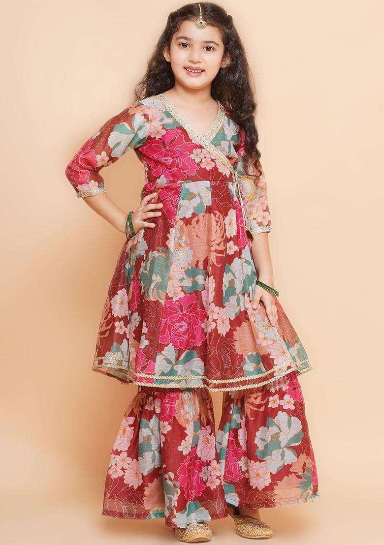 Maroon Printed Silk Kurta Set For Girls - Indya
