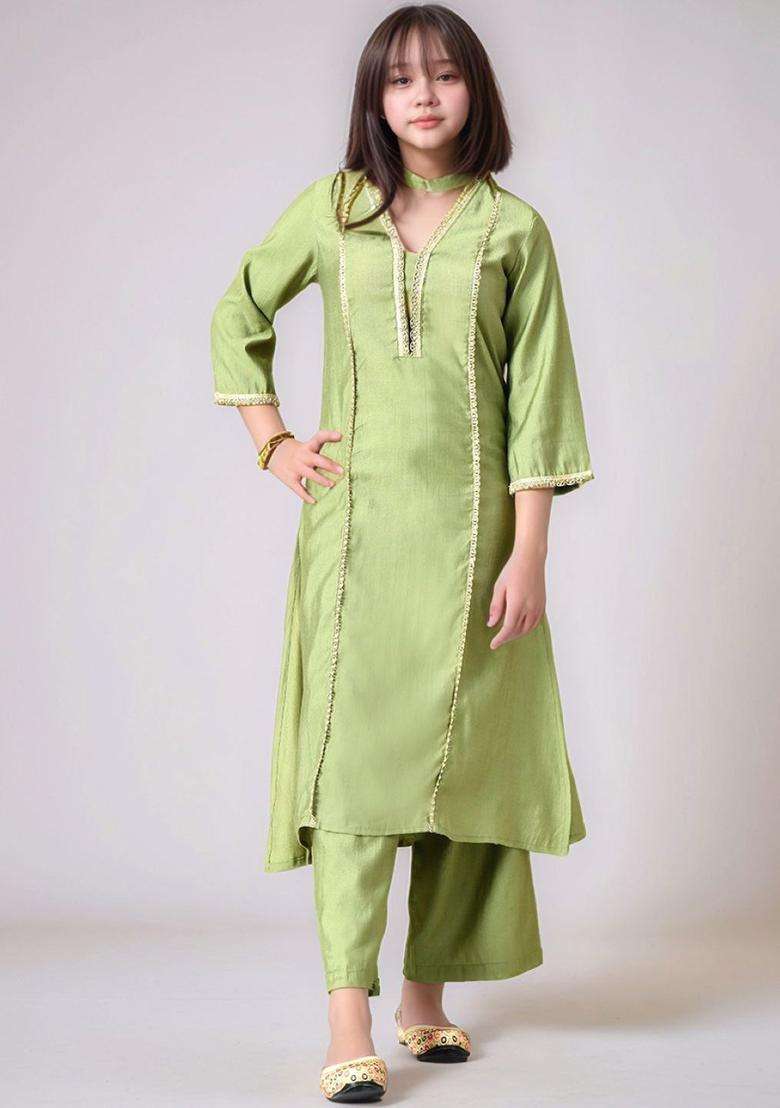 Olive Solid Silk Kurta Set For Girls - Indya