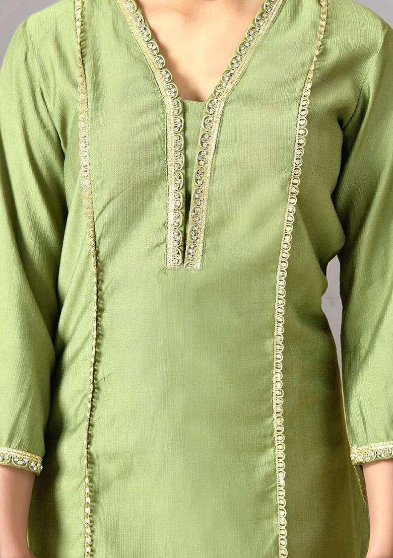 Olive Solid Silk Kurta Set For Girls - Indya
