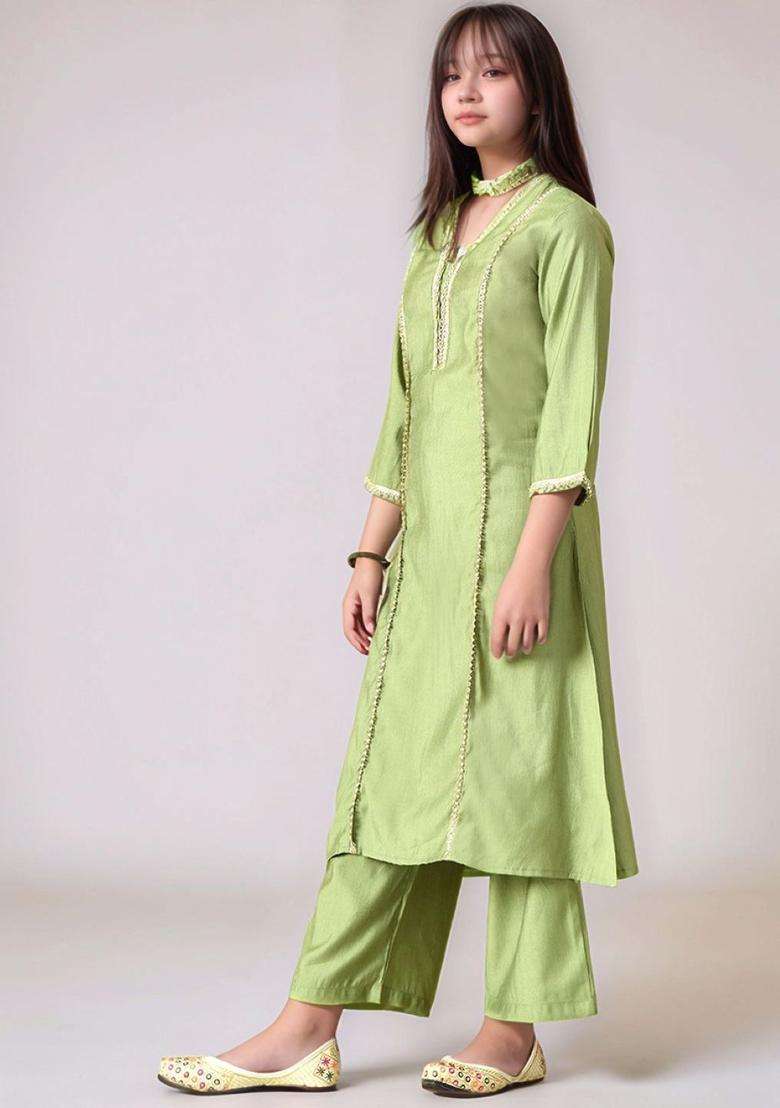 Olive Solid Silk Kurta Set For Girls - Indya