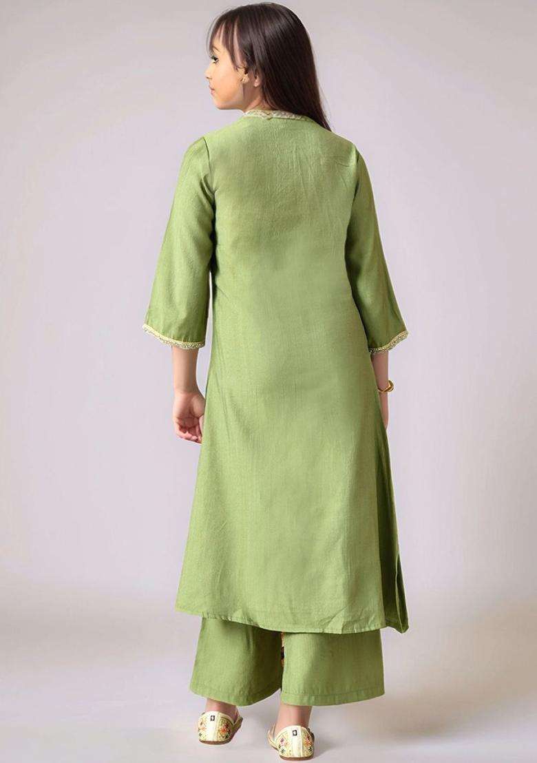 Olive Solid Silk Kurta Set For Girls - Indya