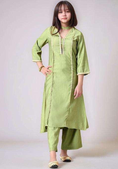 Olive Solid Silk Kurta Set For Girls