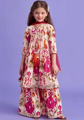 Off White Printed Polyester Kurta Set For Girls