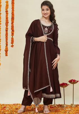 Coffee Brown Embroidered Silk Kurta Set For Girls