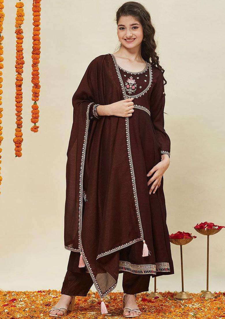 Coffee Brown Embroidered Silk Kurta Set For Girls - Indya
