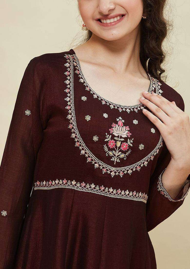 Coffee Brown Embroidered Silk Kurta Set For Girls - Indya