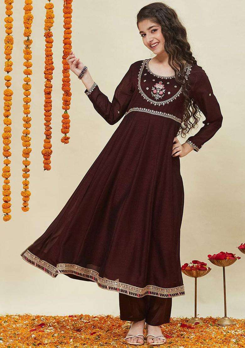 Coffee Brown Embroidered Silk Kurta Set For Girls - Indya