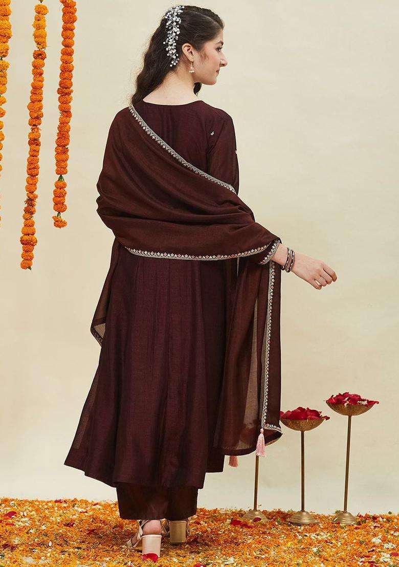Coffee Brown Embroidered Silk Kurta Set For Girls - Indya