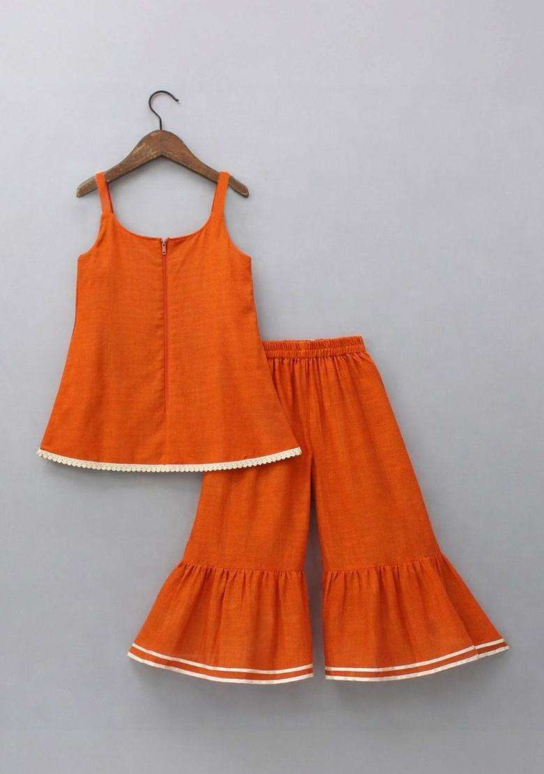 Orange Embroidered Viscose Kurta Set For Girls - Indya