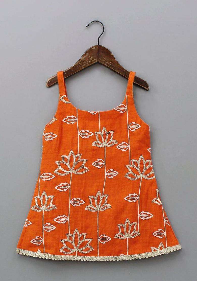 Orange Embroidered Viscose Kurta Set For Girls - Indya