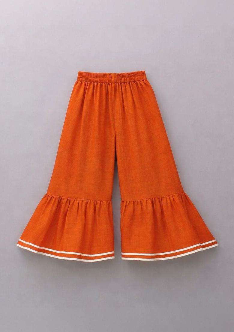Orange Embroidered Viscose Kurta Set For Girls - Indya