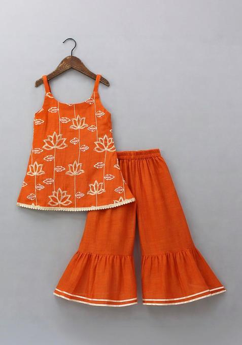 Orange Embroidered Viscose Kurta Set For Girls