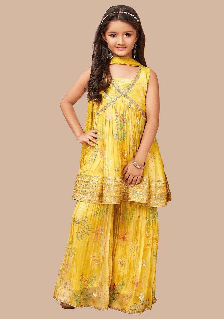 Yellow Printed Silk Kurta Set For Girls - Indya