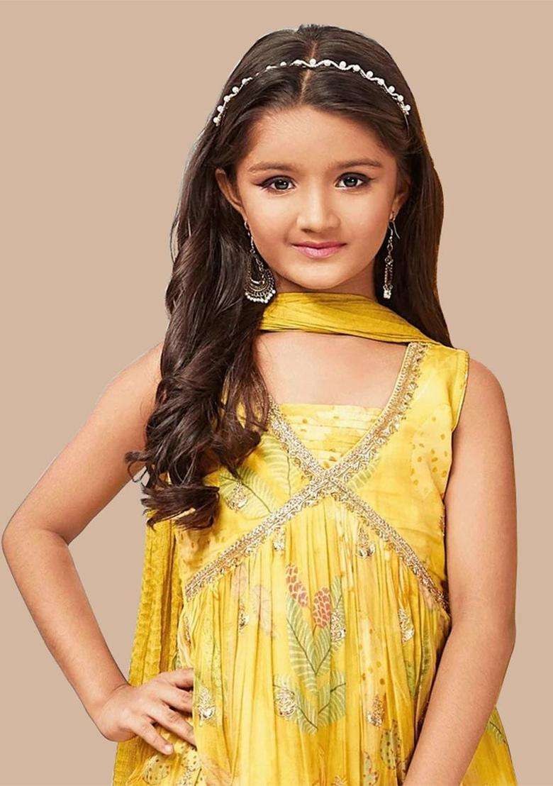 Yellow Printed Silk Kurta Set For Girls - Indya