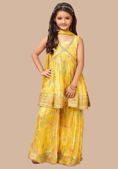 Yellow Printed Silk Kurta Set For Girls