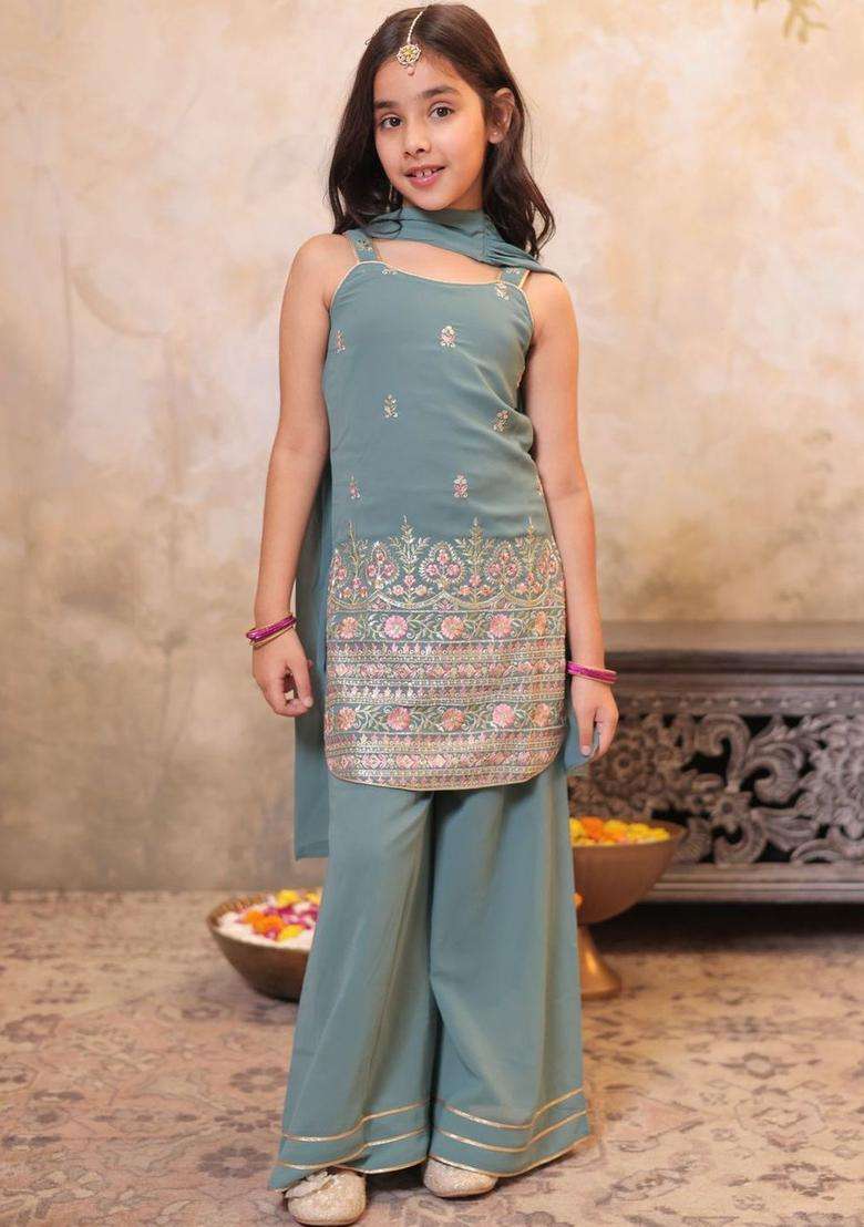 Grey Embroidered Georgette Kurta Set For Girls - Indya