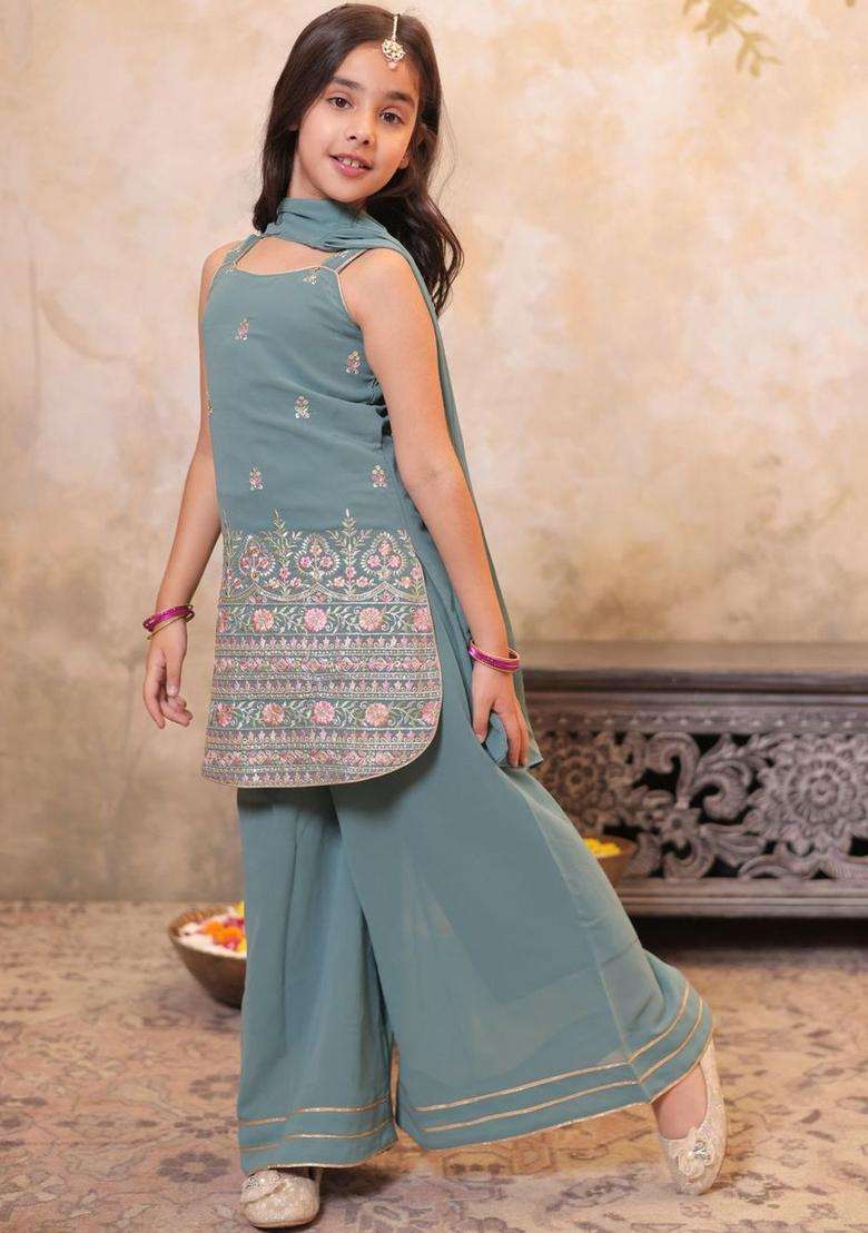 Grey Embroidered Georgette Kurta Set For Girls - Indya