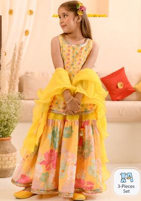 Yellow Printed Georgette Kurta Set For Girls
