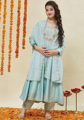 Turquoise Blue Embroidered Silk Anarkali Kurta Set For Girls