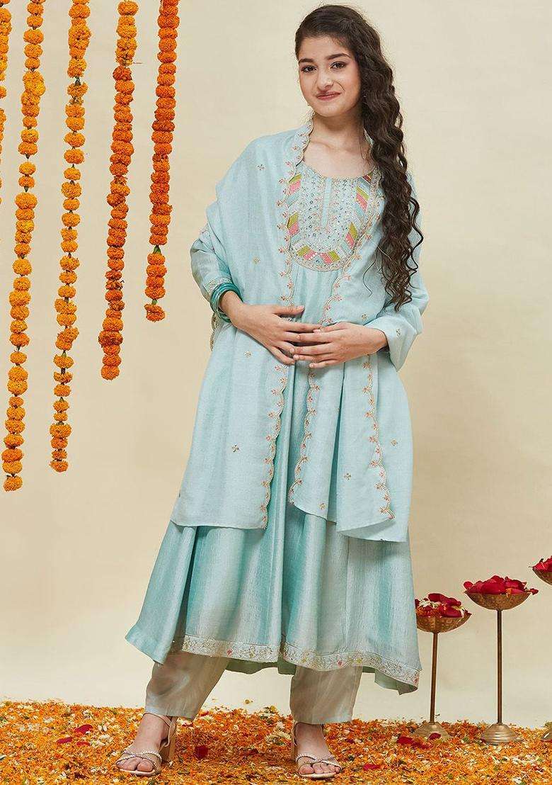 Turquoise Blue Embroidered Silk Anarkali Kurta Set For Girls - Indya