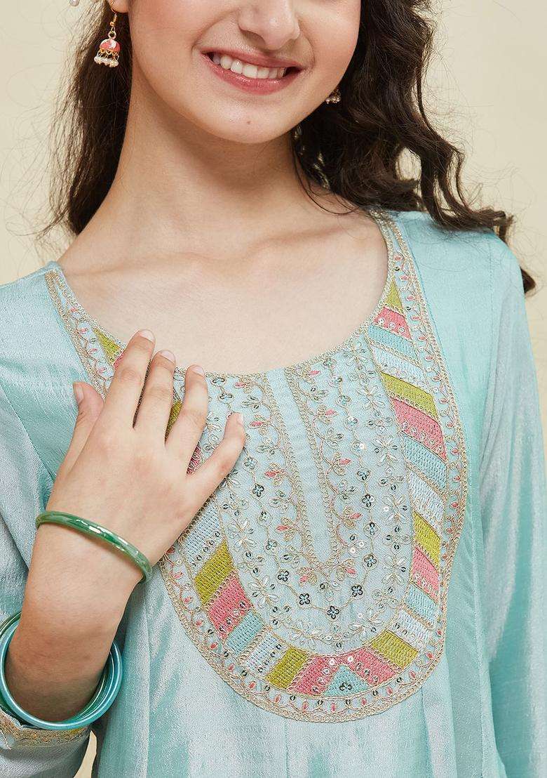 Turquoise Blue Embroidered Silk Anarkali Kurta Set For Girls - Indya