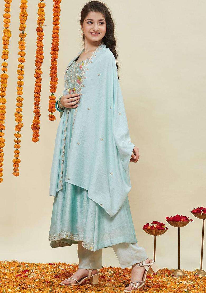 Turquoise Blue Embroidered Silk Anarkali Kurta Set For Girls - Indya