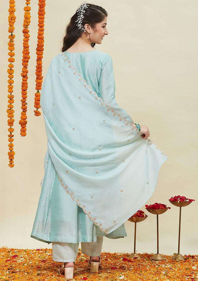 Turquoise Blue Embroidered Silk Anarkali Kurta Set For Girls - Indya