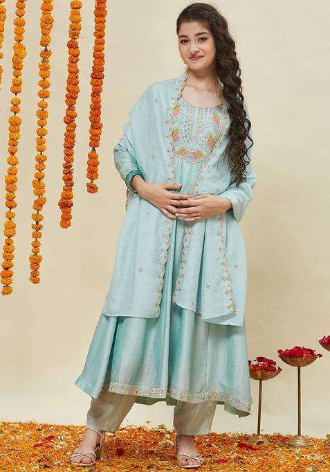 Turquoise Blue Embroidered Silk Anarkali Kurta Set For Girls