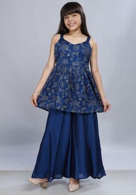 Navy Blue Embroidered Silk Kurta Set For Girls