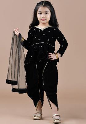 Black Embroidered Velvet Kurta Set For Girls