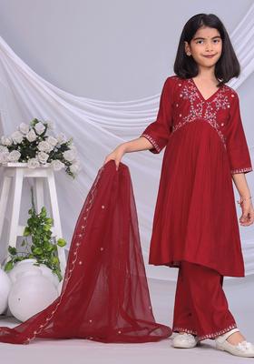 Red Embroidered Silk Kurta Set For Girls