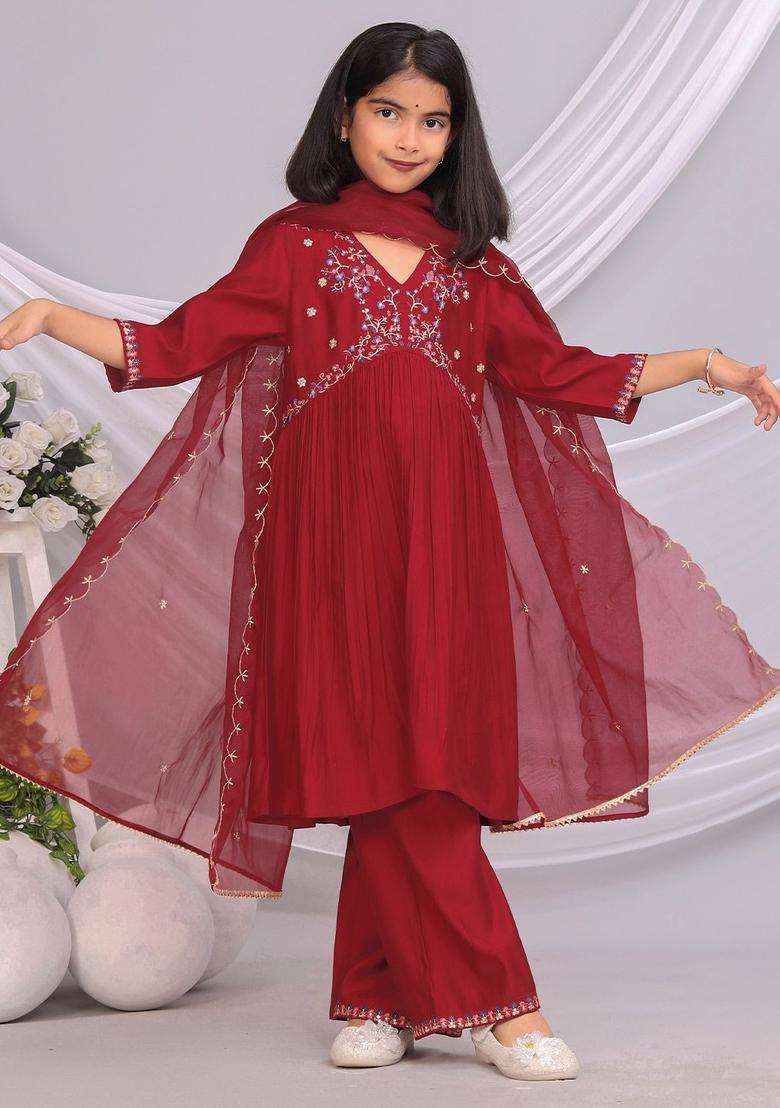Red Embroidered Silk Kurta Set For Girls - Indya