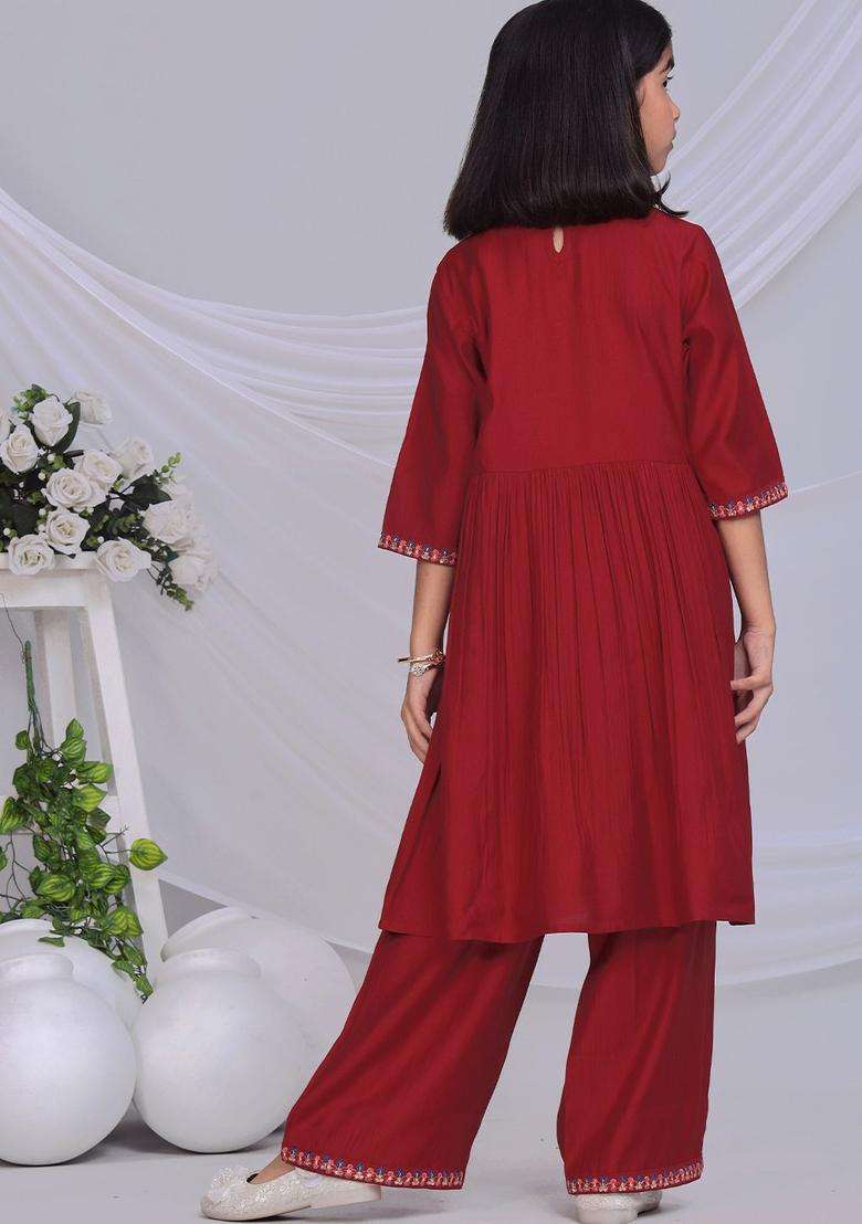 Red Embroidered Silk Kurta Set For Girls - Indya