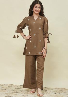 Camel Brown Embroidered Cotton Kurta Set For Girls