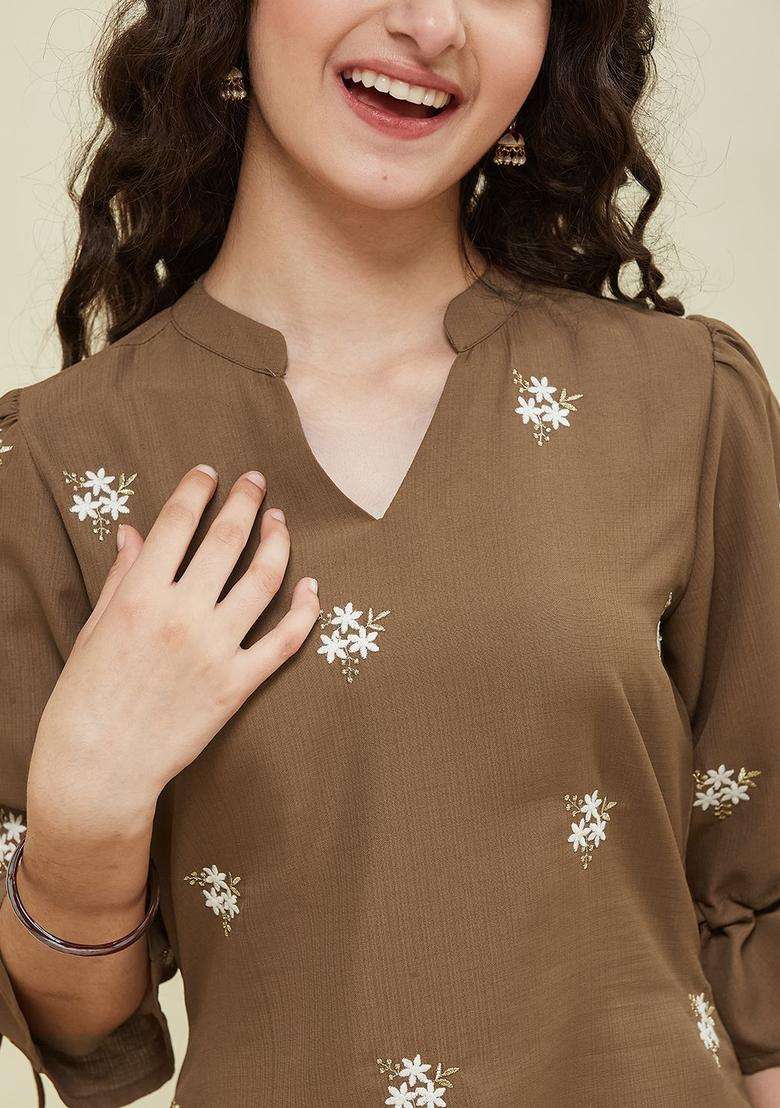 Camel Brown Embroidered Cotton Kurta Set For Girls - Indya