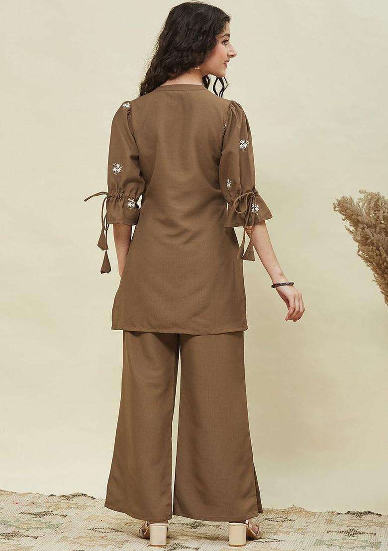 Camel Brown Embroidered Cotton Kurta Set For Girls - Indya