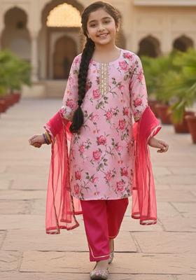 Pink Printed Chinon Kurta Set For Girls