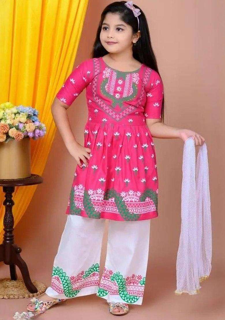 Pink Printed Cotton Kurta Set For Girls - Indya