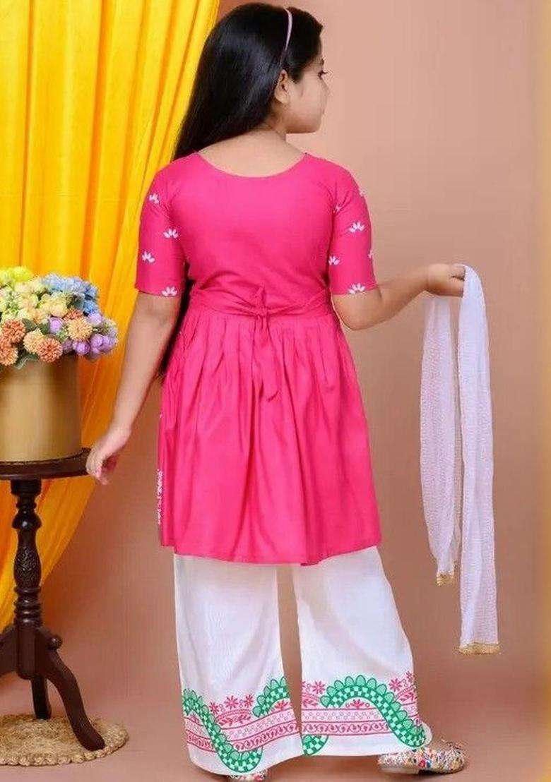 Pink Printed Cotton Kurta Set For Girls - Indya
