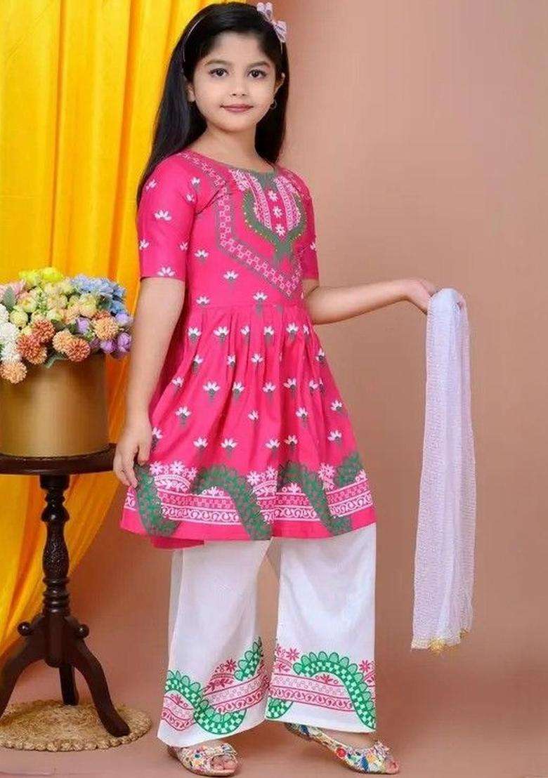 Pink Printed Cotton Kurta Set For Girls - Indya