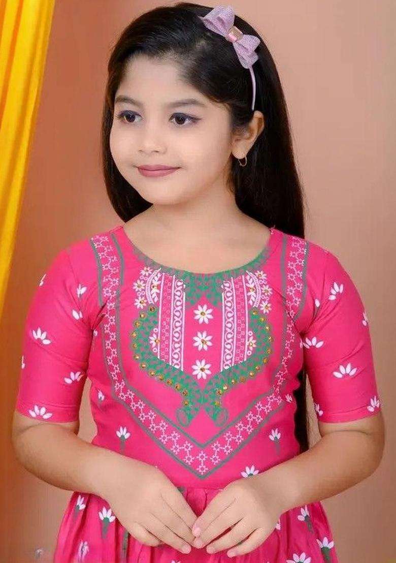 Pink Printed Cotton Kurta Set For Girls - Indya