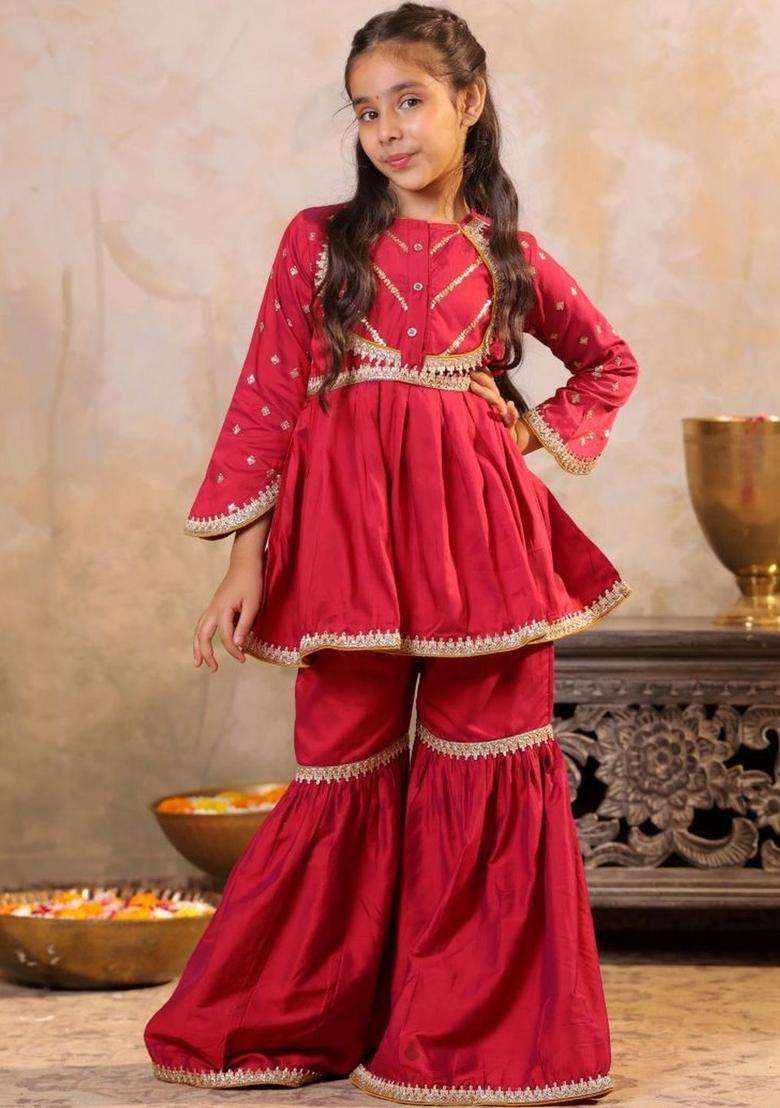 Red Embroidered Viscose Kurta Set For Girls - Indya