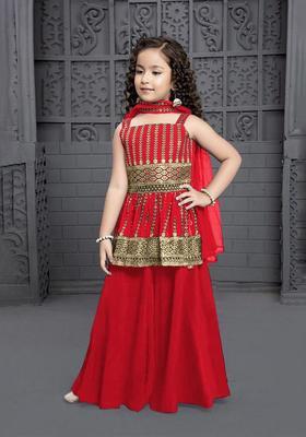 Red Embroidered Georgette Kurta Set For Girls
