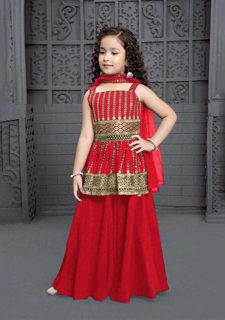 Red Embroidered Georgette Kurta Set For Girls - Indya