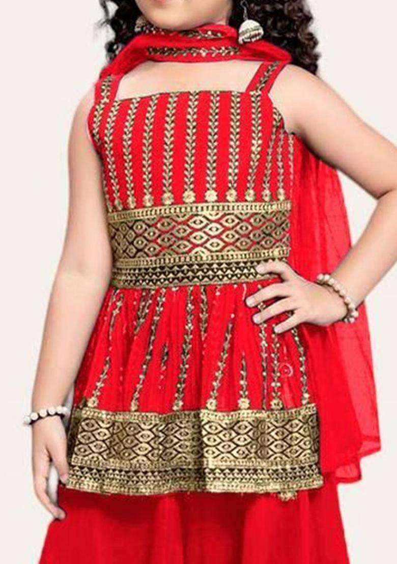 Red Embroidered Georgette Kurta Set For Girls - Indya