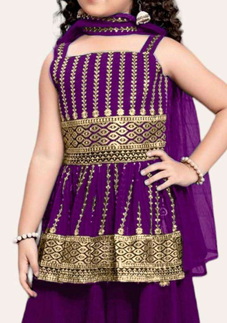 Purple Embroidered Georgette Kurta Set For Girls - Indya