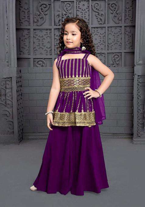 Purple Embroidered Georgette Kurta Set For Girls